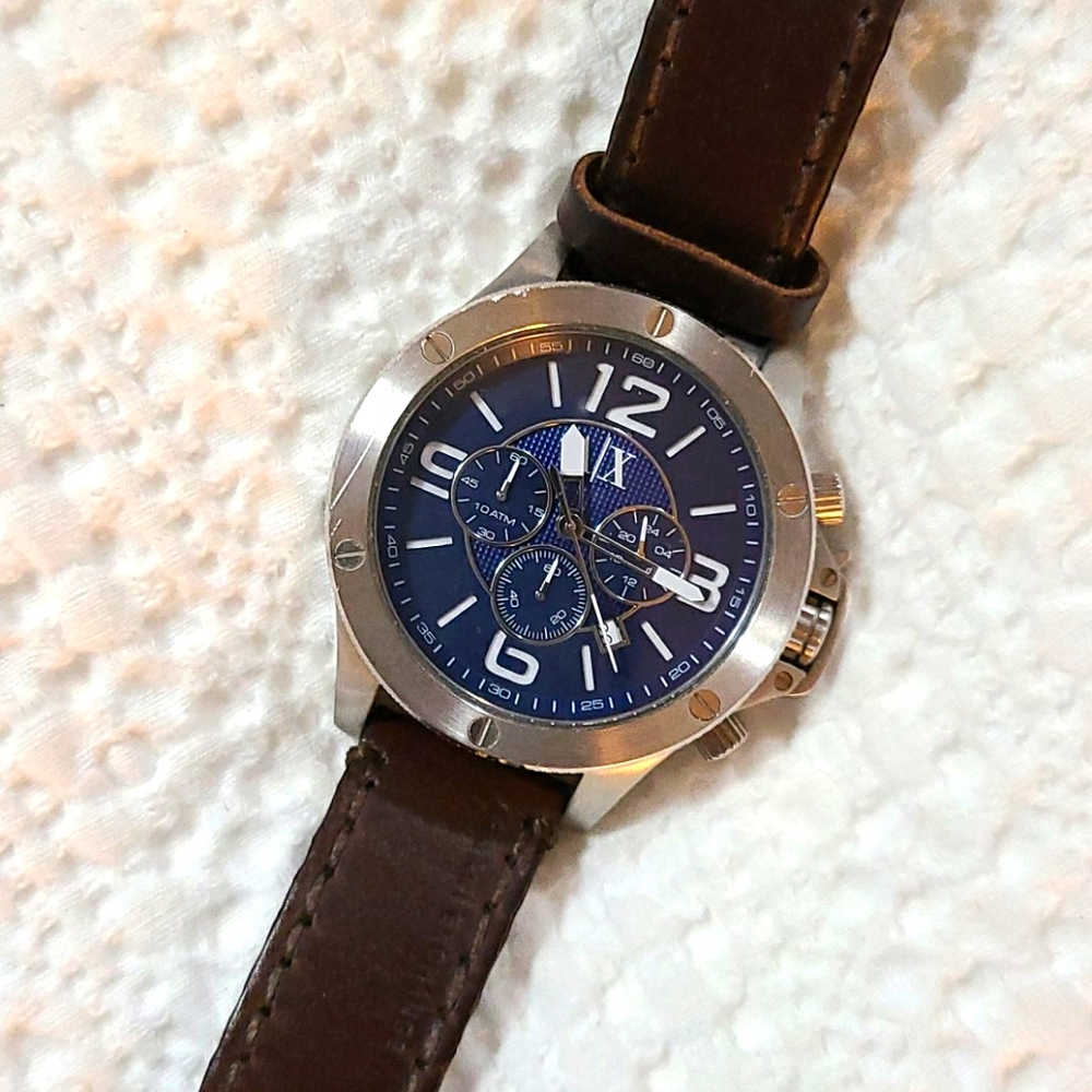 Armani Exchange Navy and Brown Leather Watch